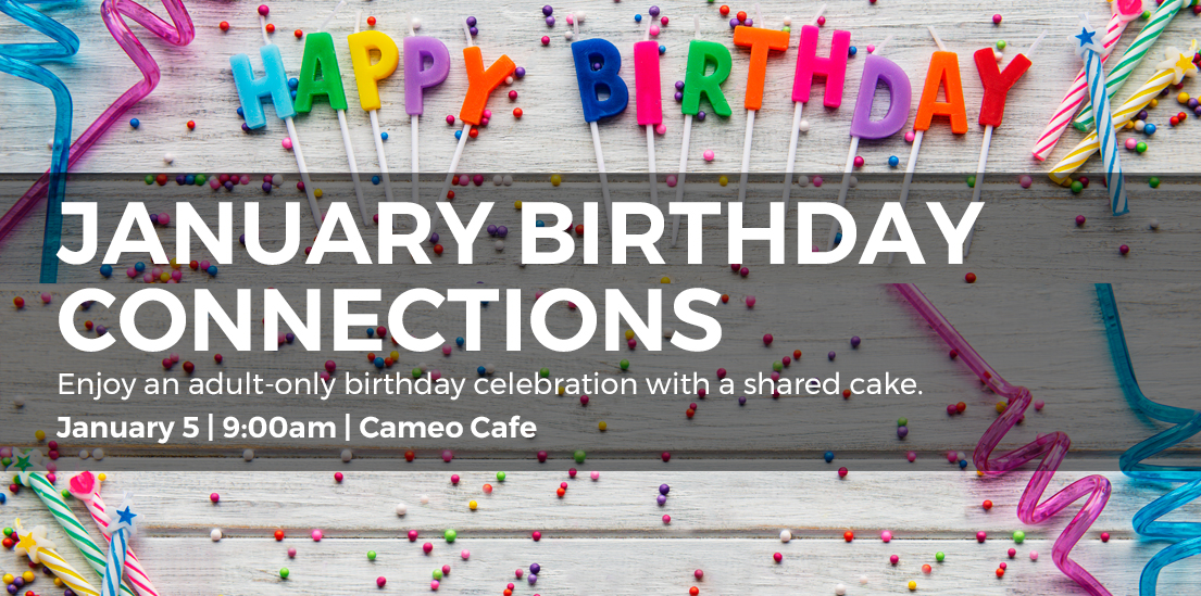 "January Birthday Connections" with birthday candles and sprinkles in the background