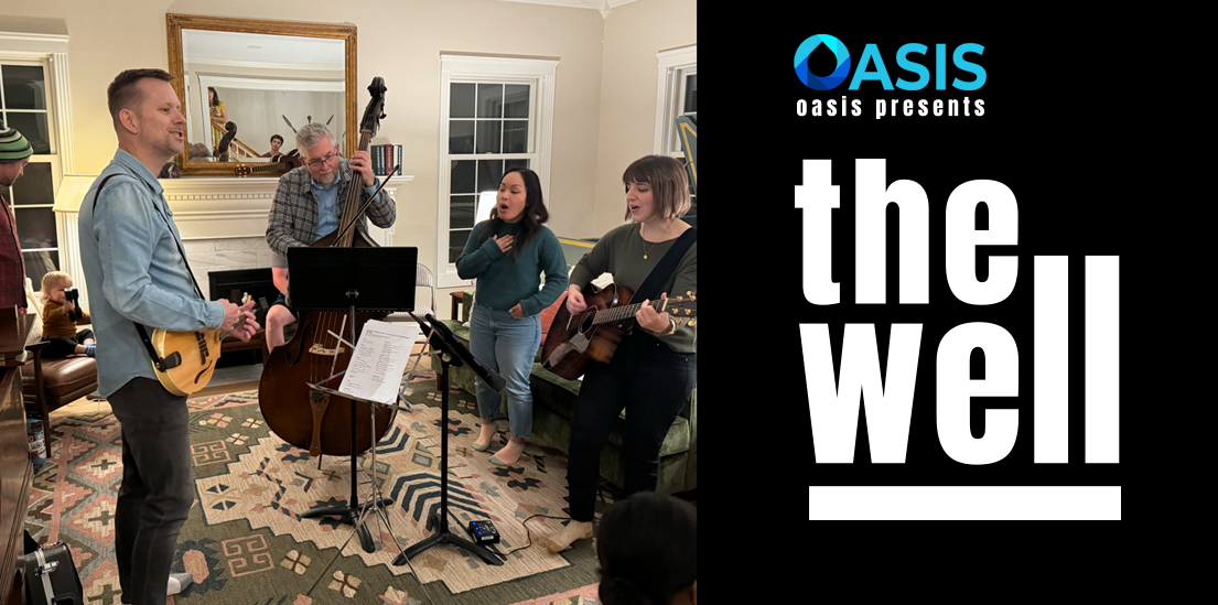 "The Well" with photo of band playing in home with some onlookers