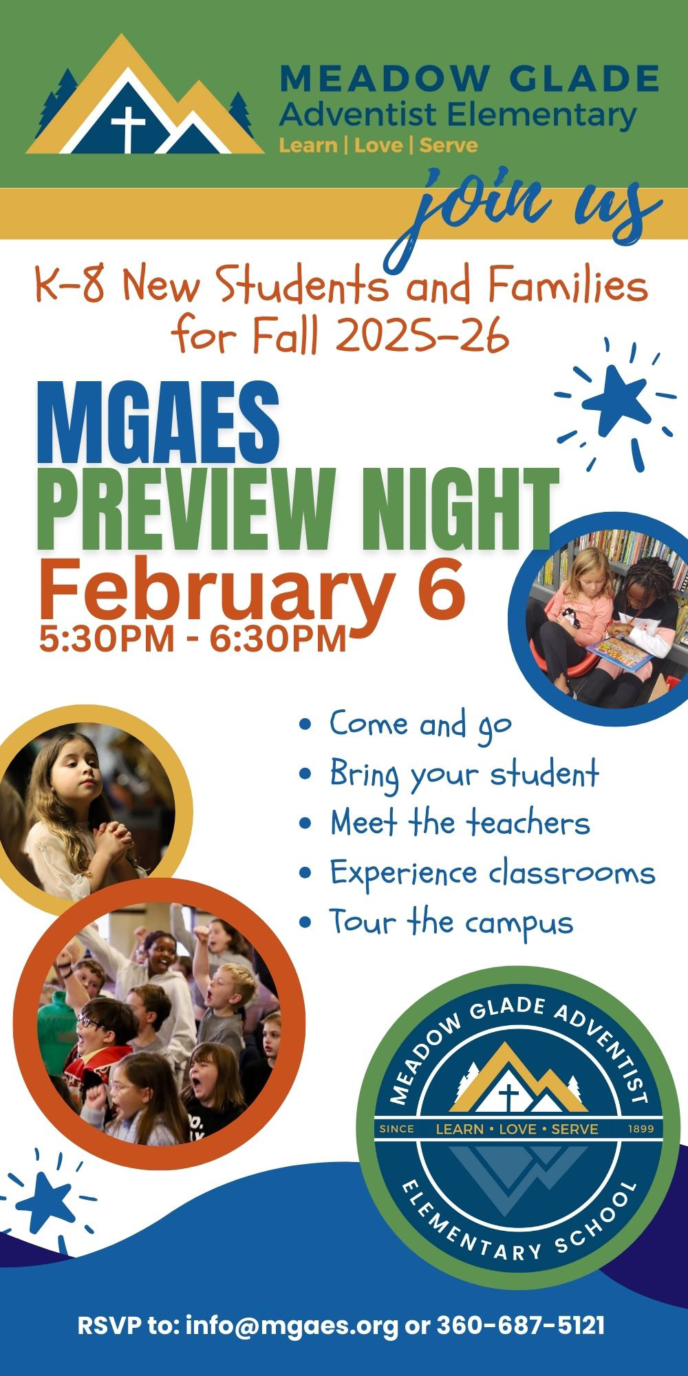 "MGAES Preview Night" with Meadow Glade Adventist Elementary School branding and logo
