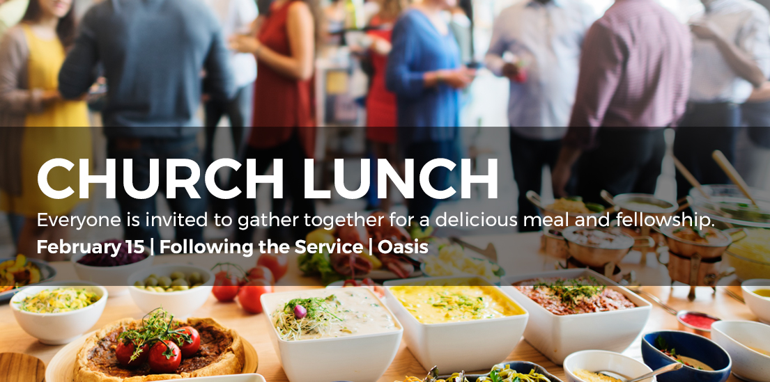 "Church Lunch" with potluck partakers in the background and a table of food