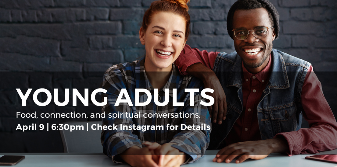 "Young Adults" with two seated smiling young adults in background