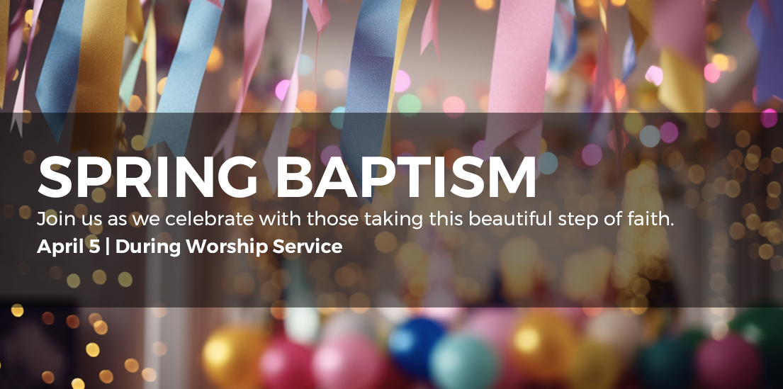 "Spring Baptism" with balloons and streamers blurred in background