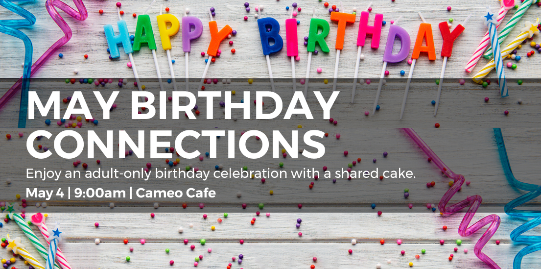 "May Birthday Connections" with birthday candles and multicolored sprinkles