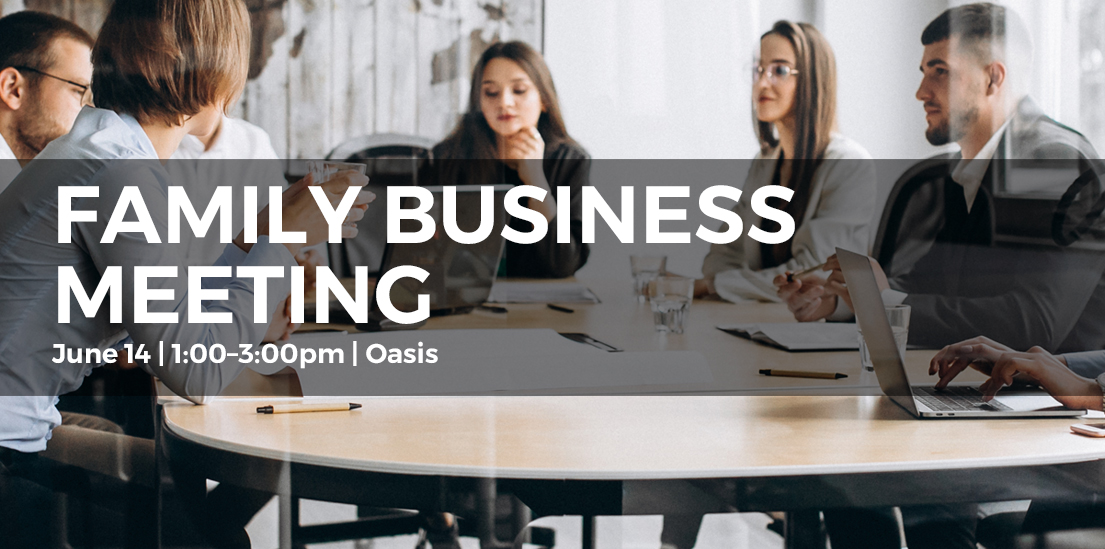 "Family Business Meeting" with group of people sitting around meeting table